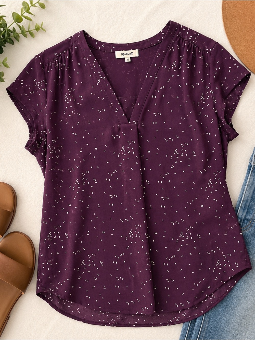 Monday Fun Purple Print V Neck Cap Sleeve Blouse XL Lightweight Career Top
